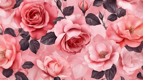 Layered Pink Roses and Dark Foliage Botanical Composition