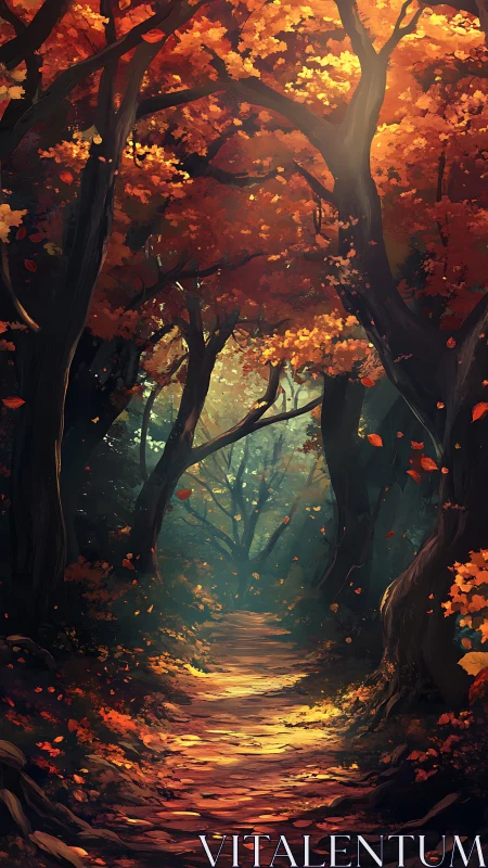 Glowing Autumn Cathedral: Where Fire-Lit Trees Frame a Path to Radiance