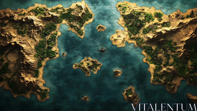 Epic fantasy archipelago map in rich topographic relief.