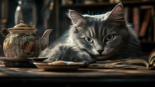 Feline Contemplation Among Antiquities. Elegant Cat and Porcelain Teapot.