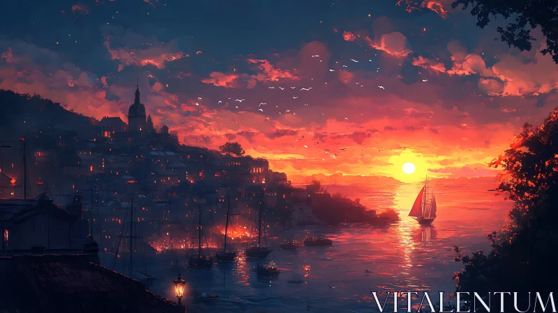 Harbor settlement is illuminated against dense sunset sky