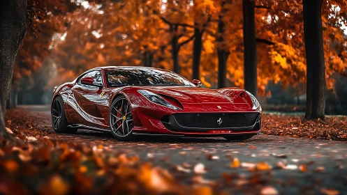 Crimson supercar on autumn lane with cinematic bokeh glow.