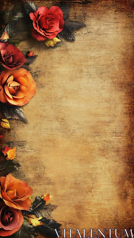 Vintage floral border on textured brown parchment background.