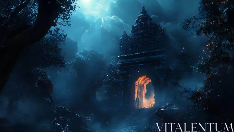 Moonlit jungle temple gate with lone glowing pilgrim.