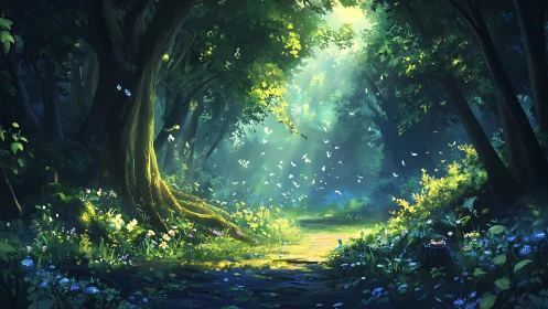 Enchanted Forest Grove with Luminescent Canopy and Bioluminescent Flora
