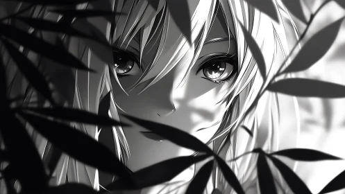 Monochrome anime portrait partially obscured by foliage.