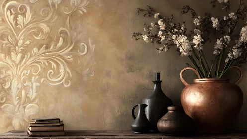 Ceramic vessels and books against ornate textured wall.