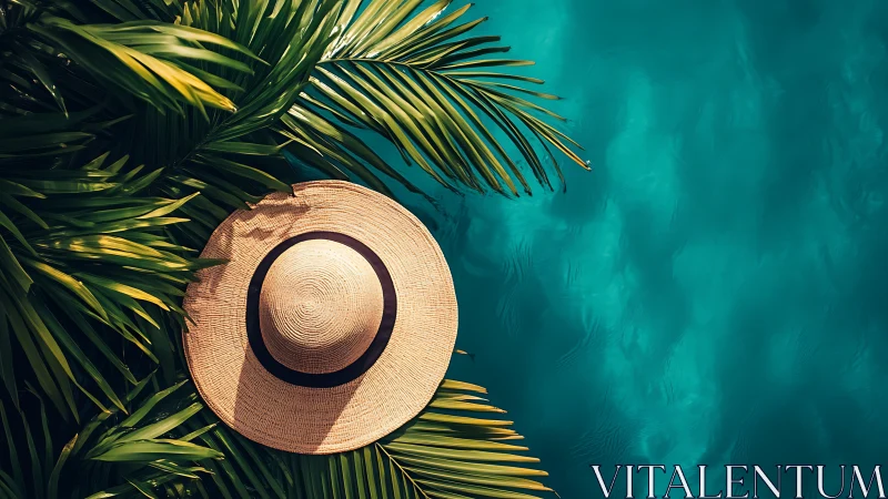 Photorealistic tropical hat and palm canopy beside pool edge.