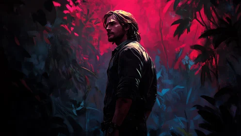 Brooding explorer stands in neon jungle twilight glow.