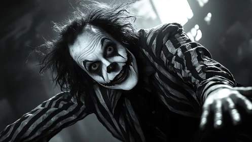 Sinister clown leans forward under harsh monochrome light