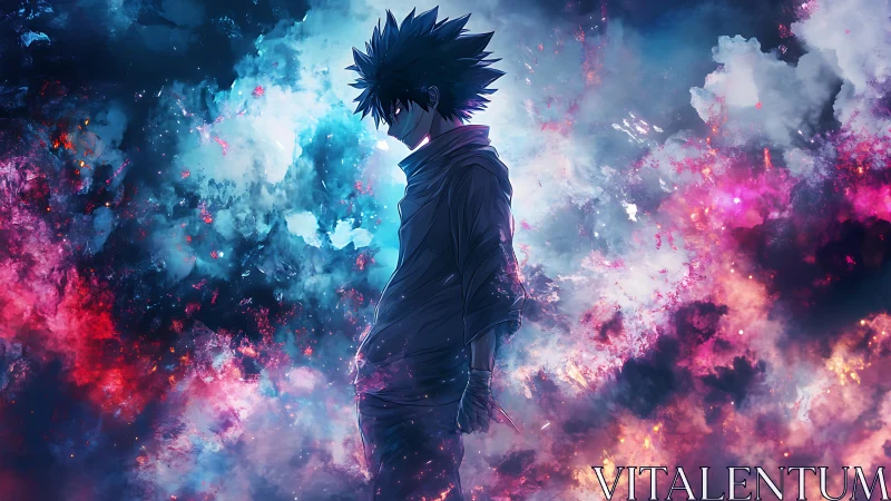 Solitary anime warrior amid neon cosmic storm clouds.