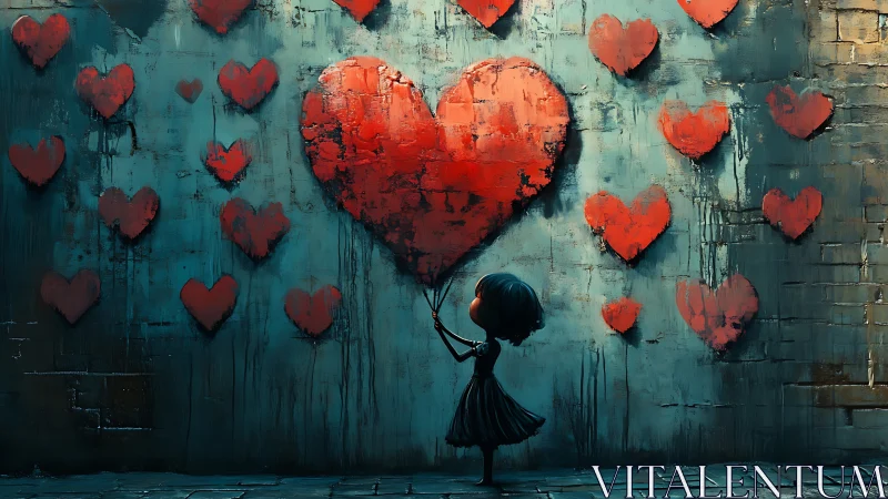 Girl Holding Red Heart Balloon Against Graffiti Wall.
