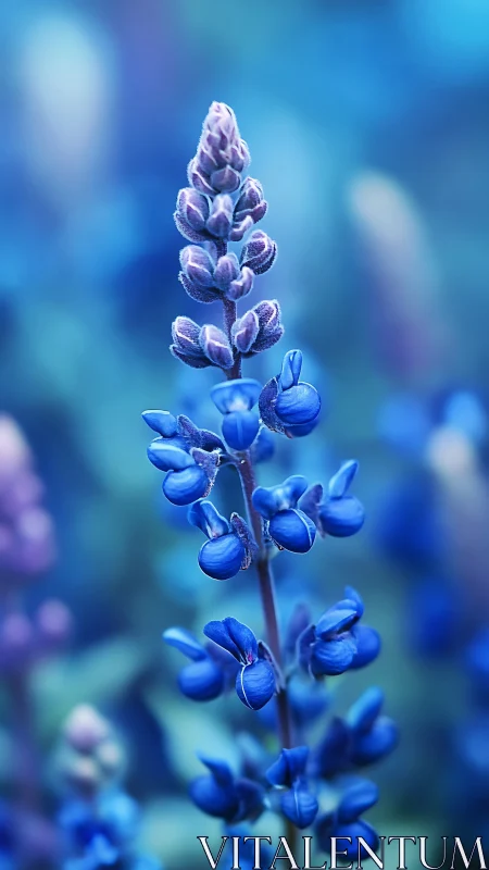 Gentle blue blossom rising through a dreamy soft focus haze.
