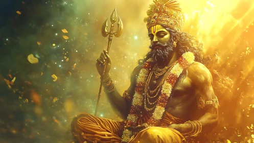 Divine warrior deity seated in golden ethereal light.
