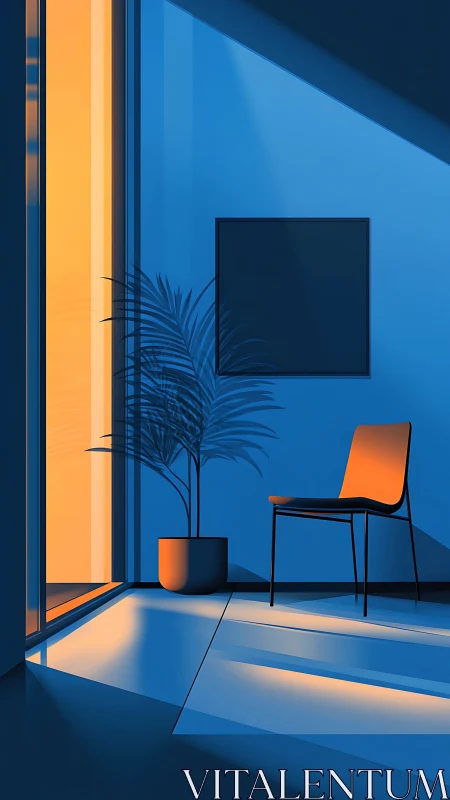 Minimal interior corner with chair, plant, and strong light.