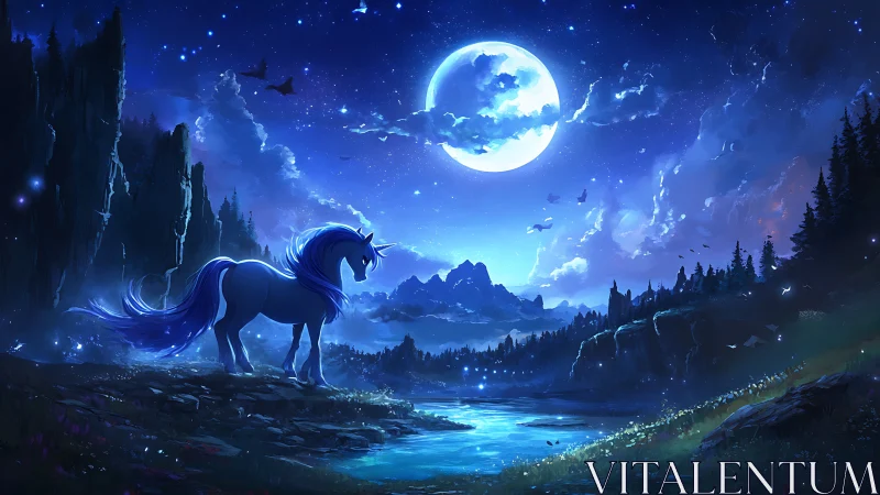 Moonlit unicorn pauses by a glowing river under starlit sky