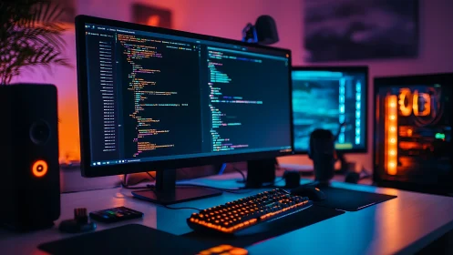 Neon keyboards hum while late night code glows across screens