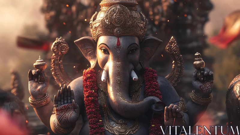 Photorealistic Ganesha idol with intricate gilt crown and garlands