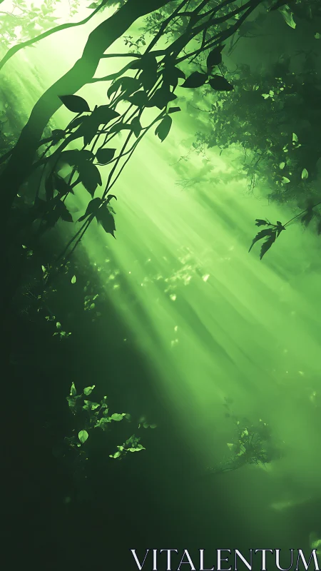 Emerald forest lightbeams pouring through quiet green air.