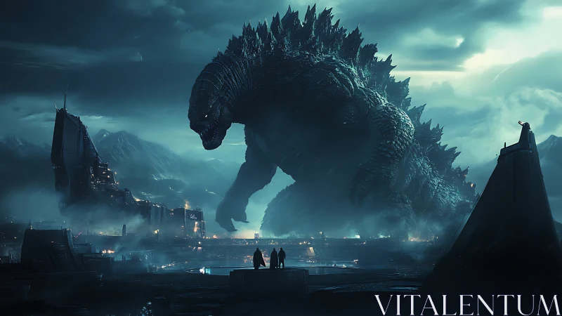 Colossal reptilian creature over misty futuristic harbor.