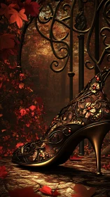 Ornate high-heeled shoe rests before wrought iron gate
