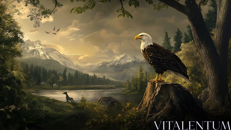 Majestic Bald Eagle Overlooking Mountain Lake in Realistic Style.