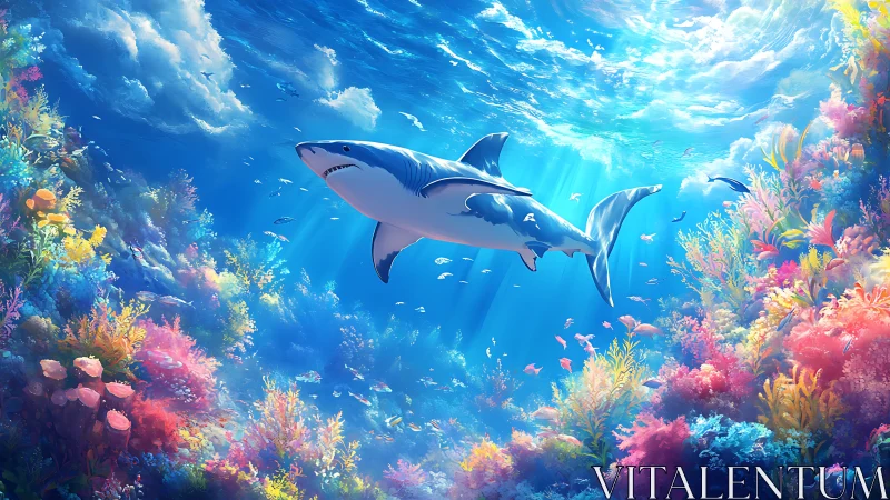 Spectral shark transit through high-saturation coral reef biome.