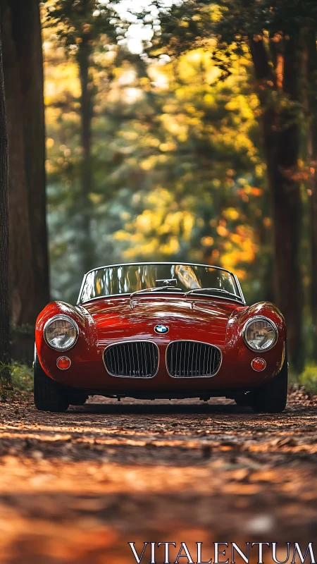 Classic red BMW roadster gleams under warm forest light.