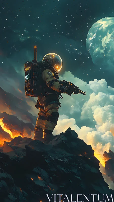 Armored astronaut on volcanic alien ridge at night.