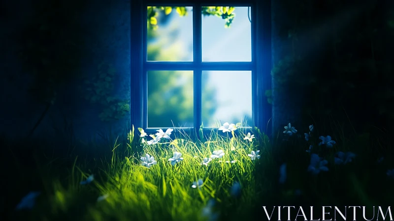 Digital painting of sunlit wildflowers below a blue window frame.