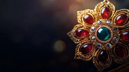 Macro close-up of ornate gold floral brooch with emerald center