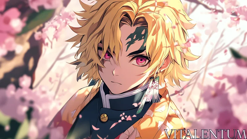 Blossom storm crowns a marked warrior with gentle firelight