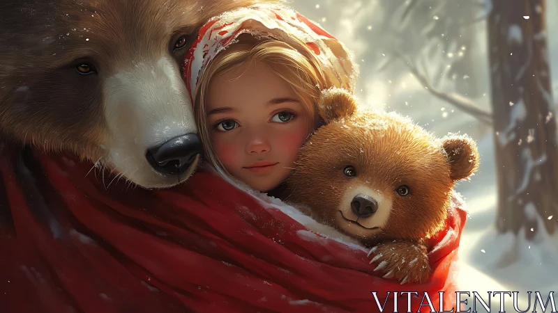 Girl and bears share winter warmth under a red cloak.