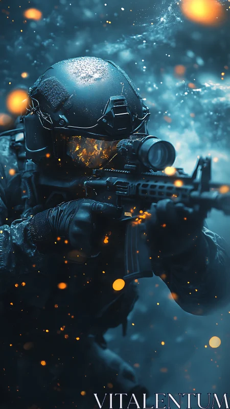 Armored soldier aiming rifle in cold blue combat scene.