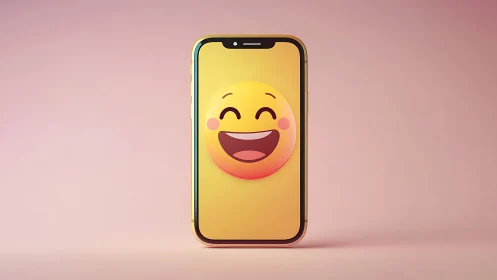 Smiling emoji icon centered on smartphone over pastel field.