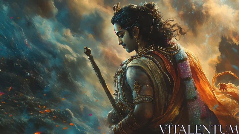 Divine warrior contemplates battle amid swirling storm clouds.