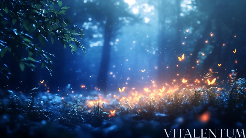 Moonlit forest meadow ignites with wandering firefly butterflies.