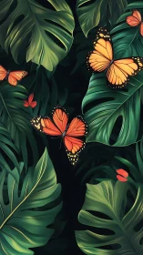 Orange butterflies move through layered tropical monstera leaves