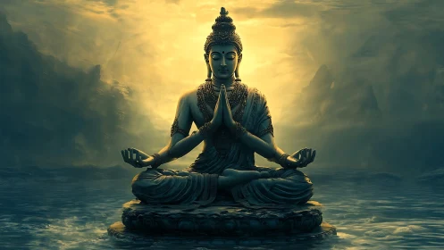 Luminescent meditative deity over atmospheric tidal waters.