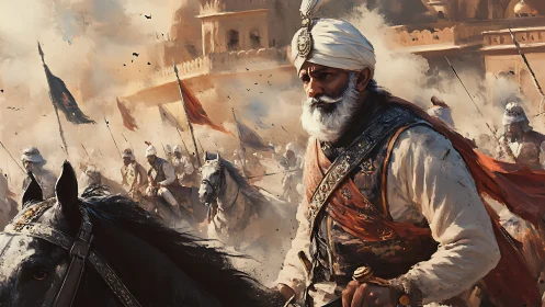 Battle-hardened cavalry commander leads charge through dust and flame