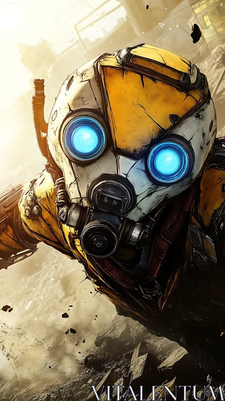 Cel-shaded combat droid with glowing optics leaps through debris