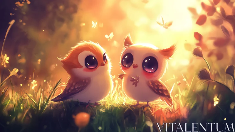 Two Cute Cartoon Owls in Glowing Forest, Whimsical Digital Art.