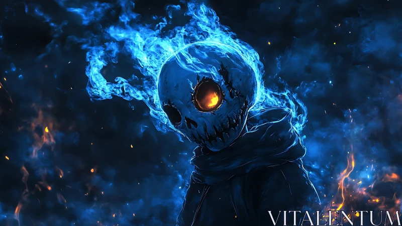 Blue spectral skull wreathed in fire stares from the shadows.