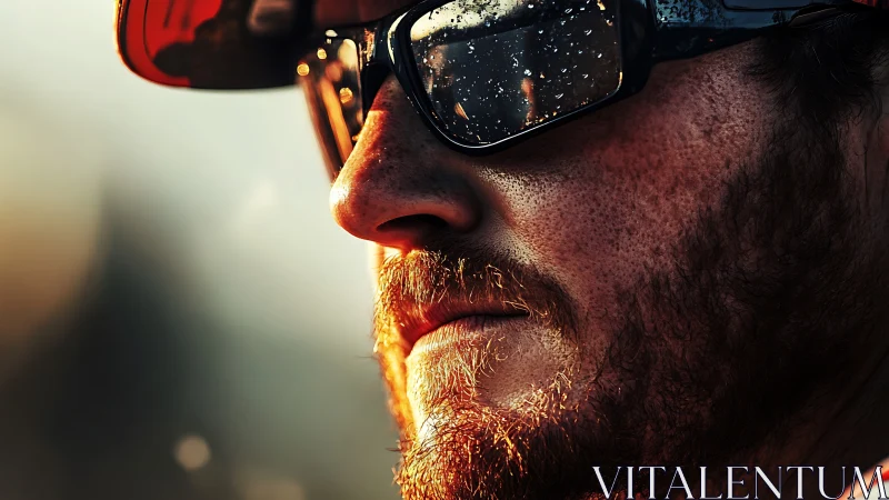 Sunlit bearded face with reflective sunglasses in warm glow.