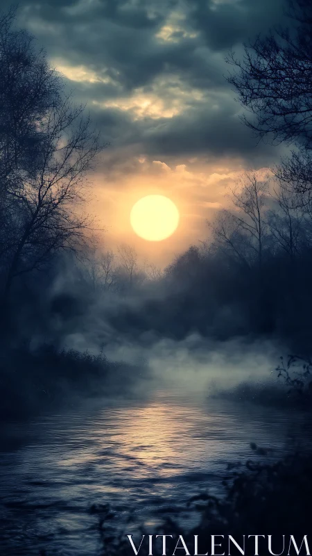 Misty river at dusk under low sun and dense clouds.