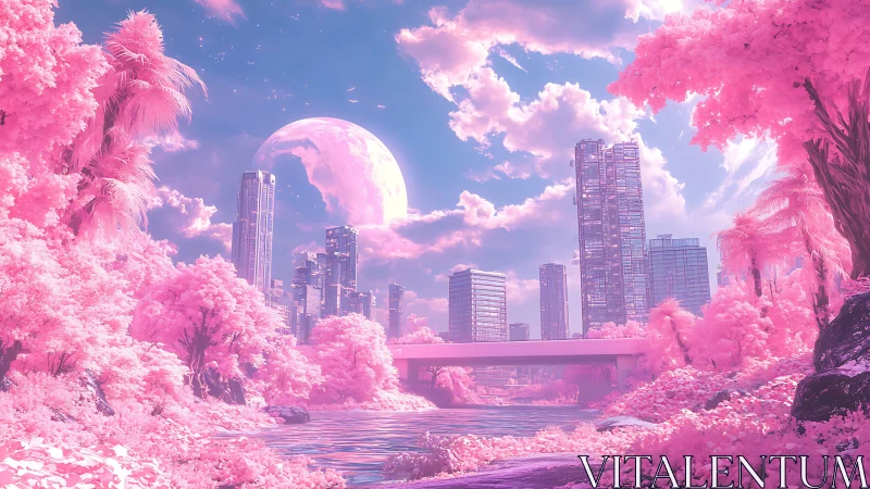 Neon-pink futuristic city skyline under colossal pastel moon.