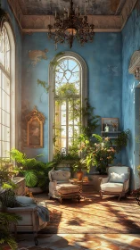 Sunlit blue parlor where ivy reclaims a forgotten palace.