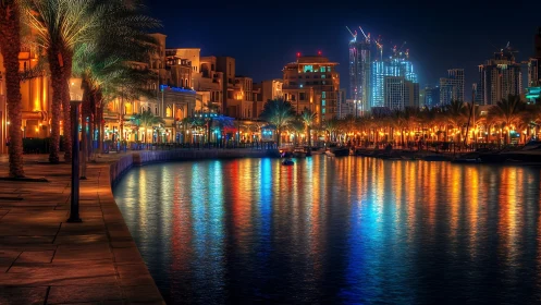 Waterfront promenade and illuminated city towers at night