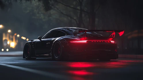 Rear three-quarter Porsche GT sports car under moody streetlights