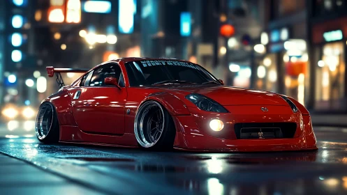 Modified red sports car dominates neon city streets at night.